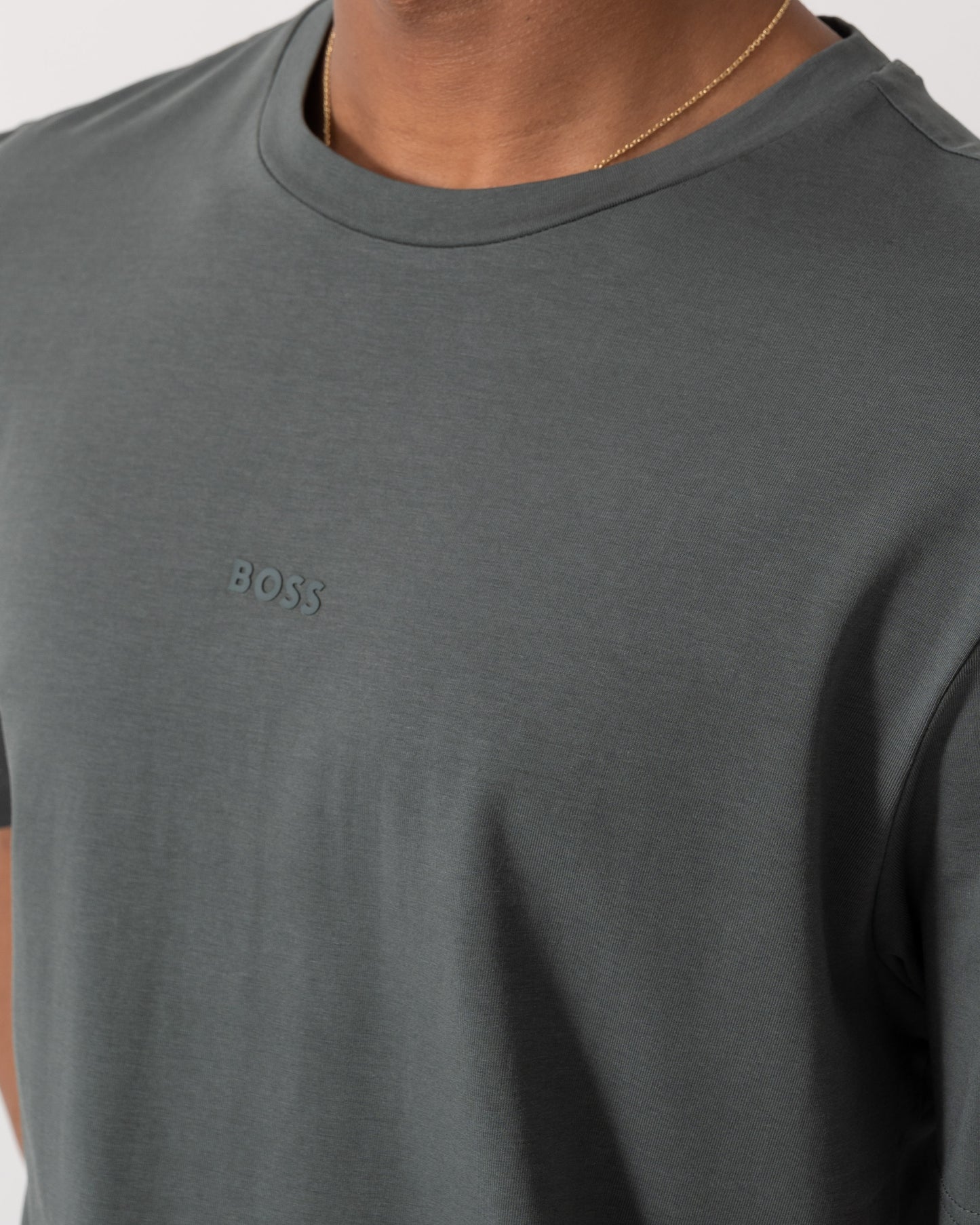 Close up of BOSS Orange TChup Mens Crew Neck Small Logo T-Shirt  - Open Green 377