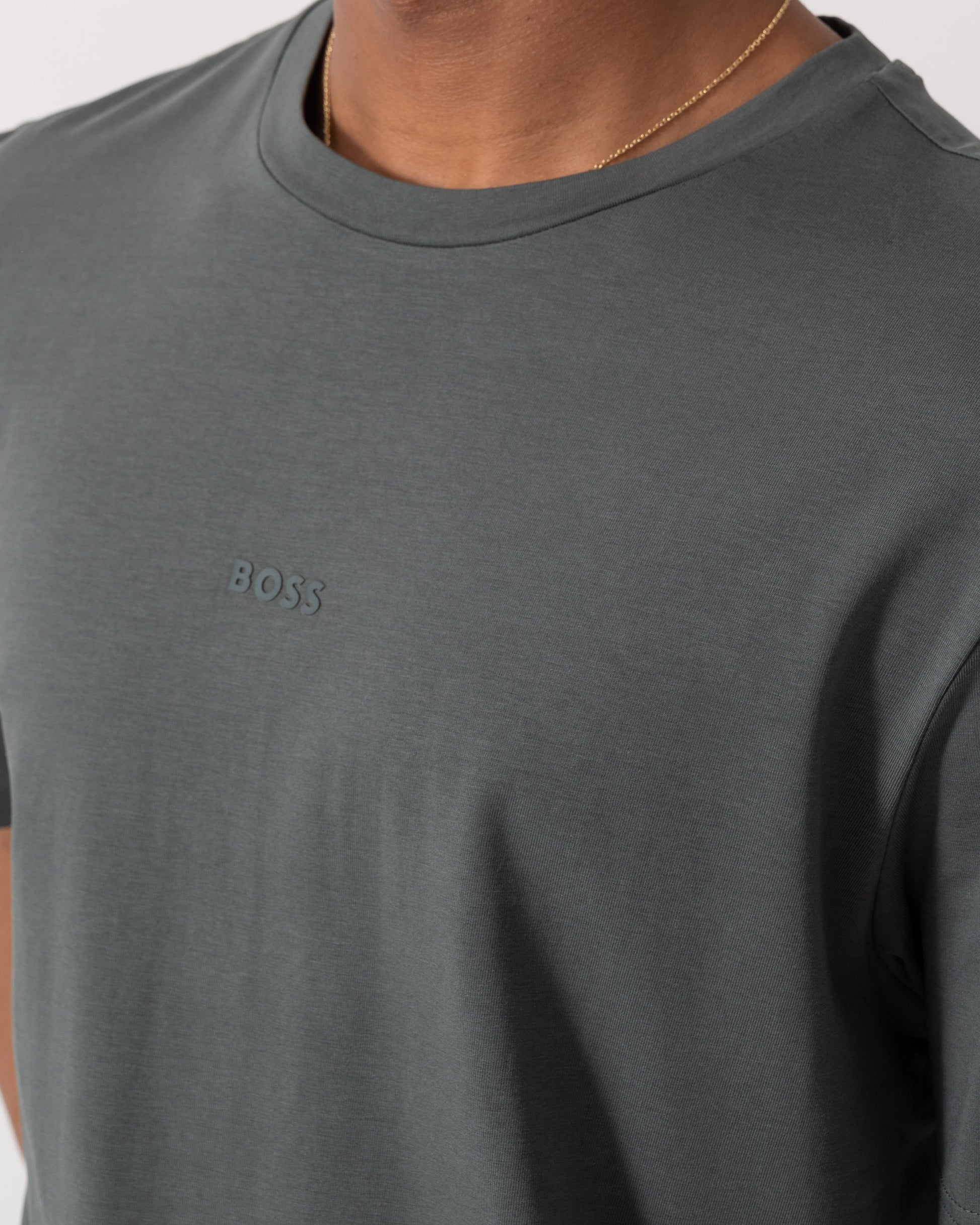 Close up of BOSS Orange TChup Mens Crew Neck Small Logo T-Shirt  - Open Green 377