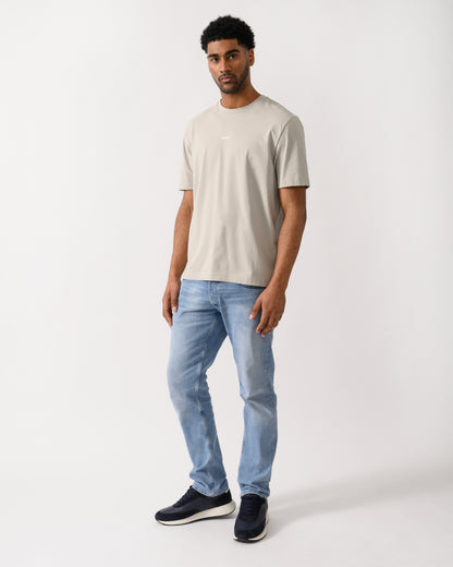 full length shot of model wearing a BOSS Orange TChup Mens Crew Neck Small Logo T-Shirt in Open Grey 070