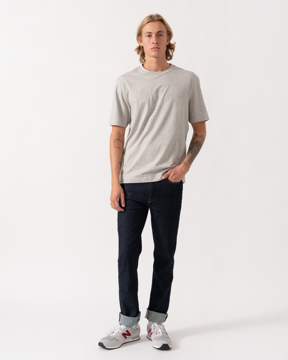 Model wearing the BOSS Orange TChup Mens Crew Neck Small Logo T-Shirt  - Open Grey 086