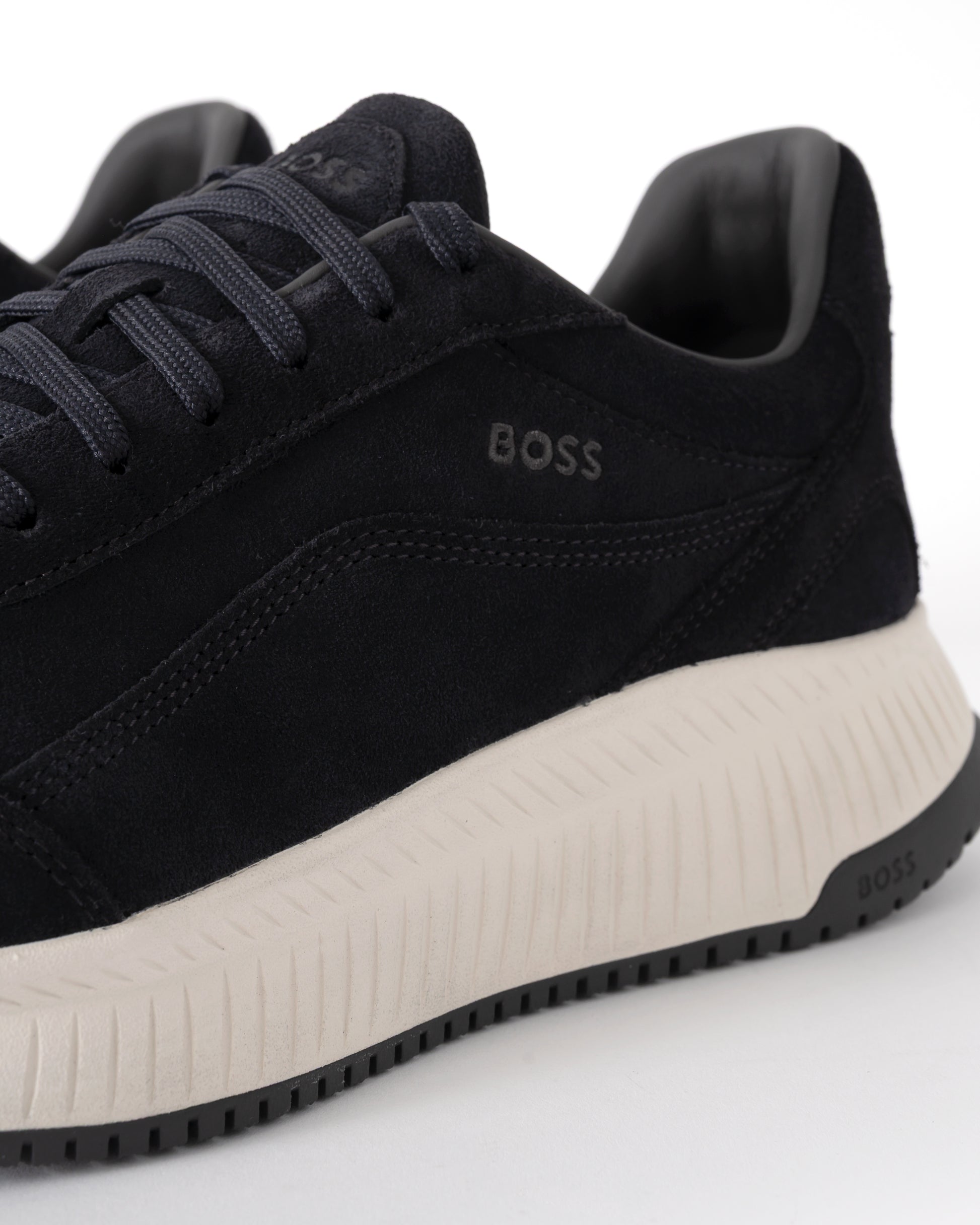 Logo detail of BOSS Orange TTNM EVO Mens Suede Trainers in Dark Blue