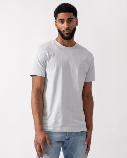 model wearing a BOSS Orange Tales Mens Cotton-Jersey T-shirt With Logo Patch in Light-Pastel Grey