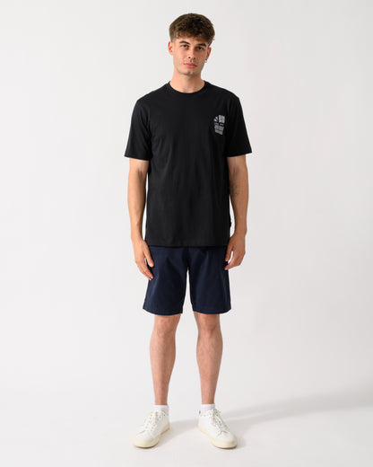 full length shot of a model wearing a BOSS Orange Te Blueprint Mens T-Shirt in Black 001