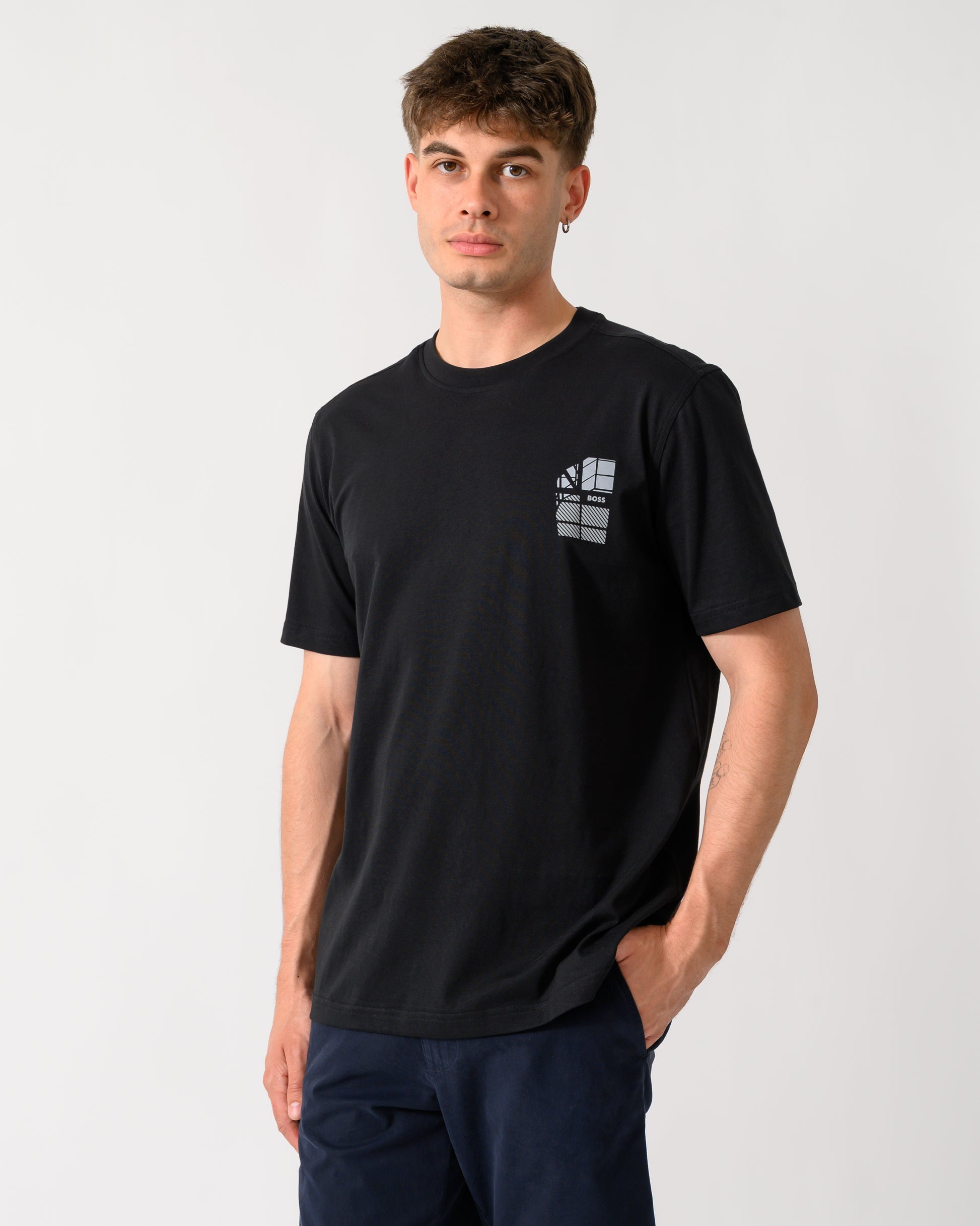 model wearing a BOSS Orange Te Blueprint Mens T-Shirt in Black 001