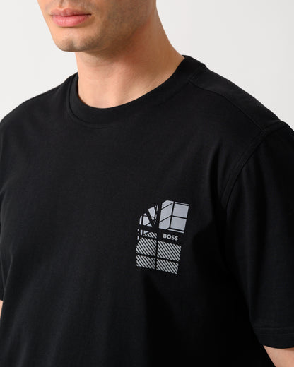 close up shot of a model wearing a BOSS Orange Te Blueprint Mens T-Shirt in Black 001