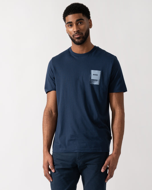 Model wearing a BOSS Orange TePlain Mens T-Shirt in Open Blue