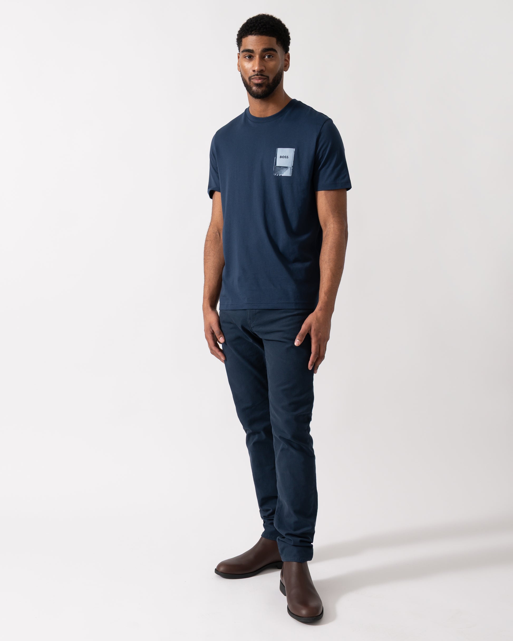 Full length shot of a Model wearing a BOSS Orange TePlain Mens T-Shirt in Open Blue