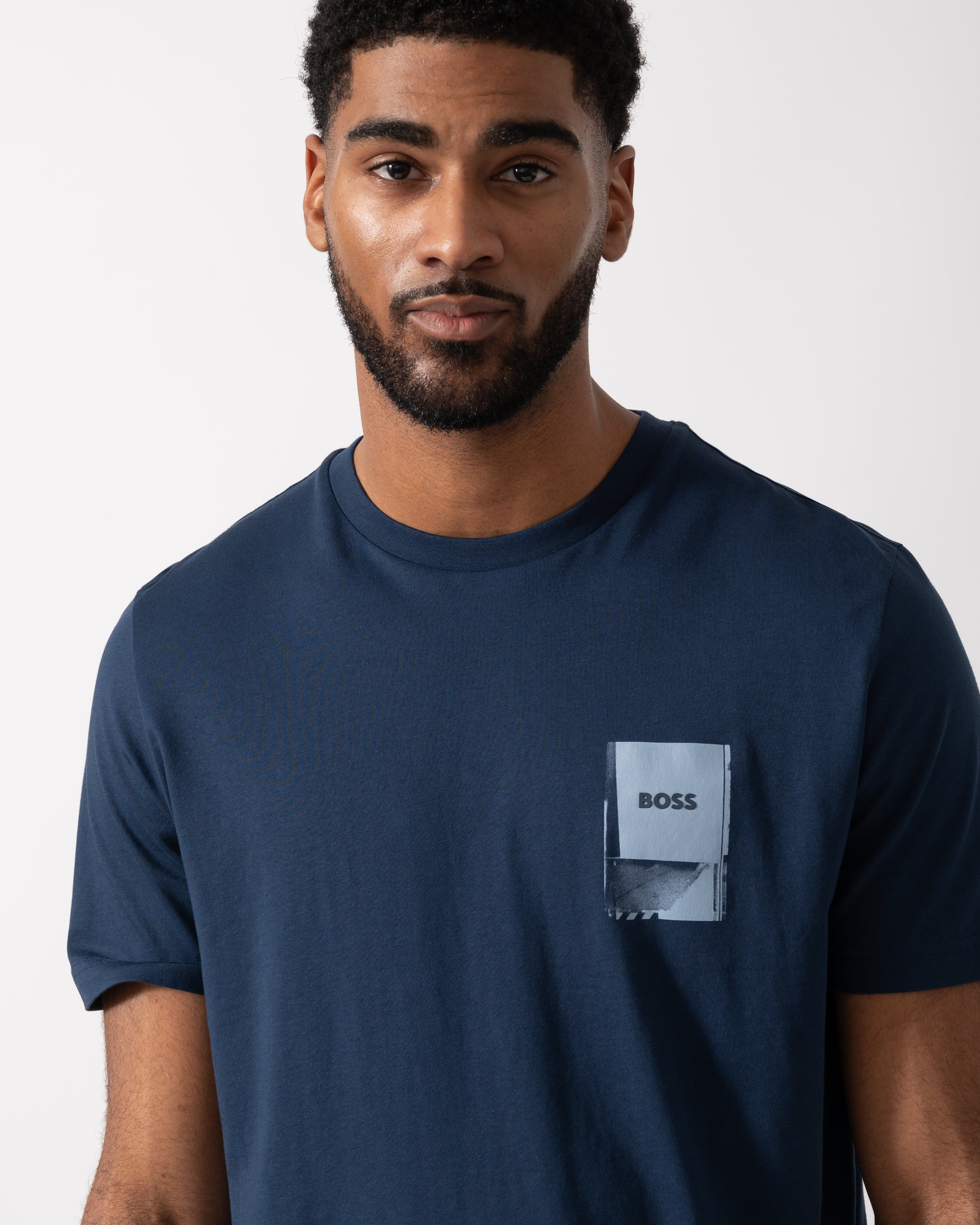 Detail shot of a Model wearing a BOSS Orange TePlain Mens T-Shirt in Open Blue