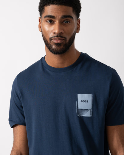 Detail shot of a Model wearing a BOSS Orange TePlain Mens T-Shirt in Open Blue