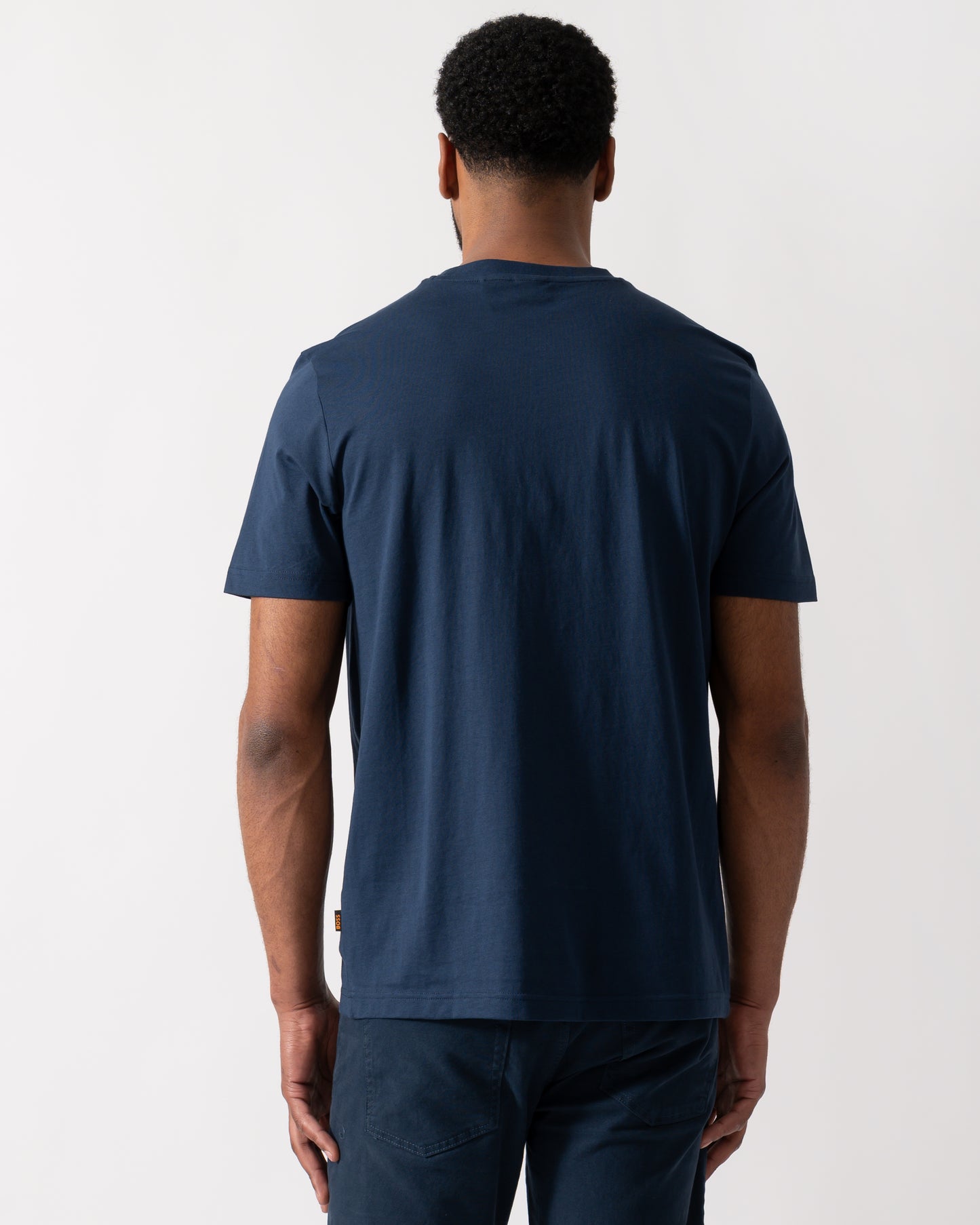 Back shot of a Model wearing a BOSS Orange TePlain Mens T-Shirt in Open Blue