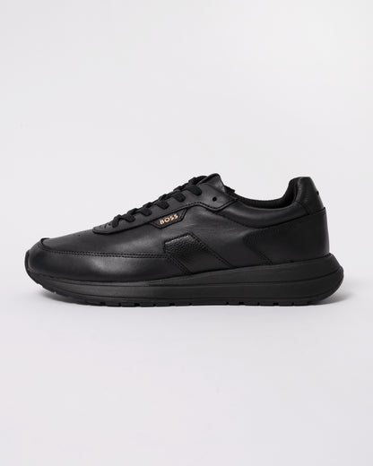 Studio photograph showing side of BOSS Orange Vinston_Runn_butb Mens Trainers in Black 005