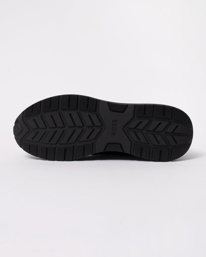 Studio photograph showing sole of BOSS Orange Vinston_Runn_butb Mens Trainers in Black 005