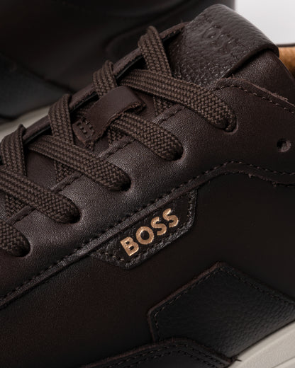 Studio photograph showing close up of BOSS Orange Vinston_Runn_butb Mens Trainers in Dark Brown 201
