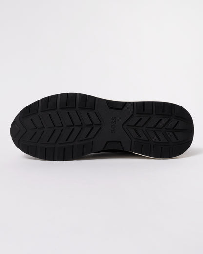 Studio photograph showing sole of BOSS Orange Vinston_Runn_butb Mens Trainers in Dark Brown 201