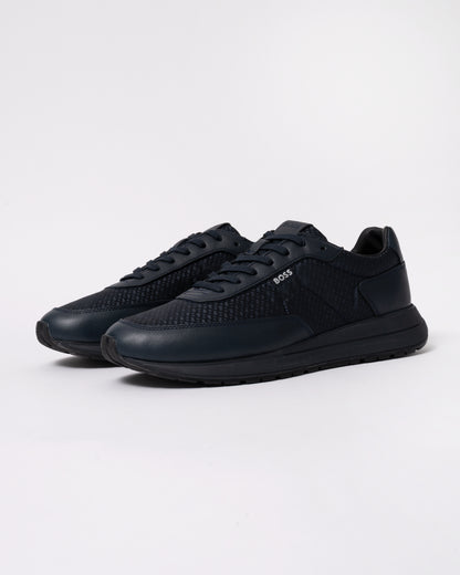 Studio photograph showing BOSS Orange Vinston_Runn_nymnlt Mens Trainers in Dark Blue 405