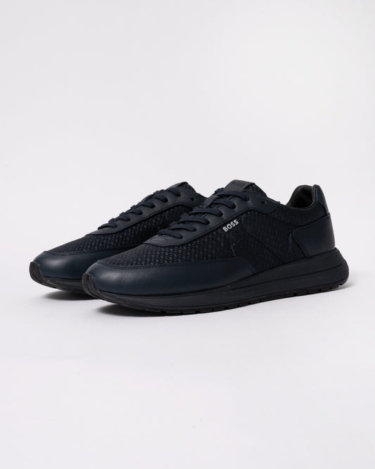 Studio photograph showing BOSS Orange Vinston_Runn_nymnlt Mens Trainers in Dark Blue 405