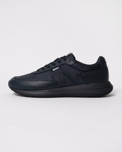Studio photograph showing side of BOSS Orange Vinston_Runn_nymnlt Mens Trainers in Dark Blue 405
