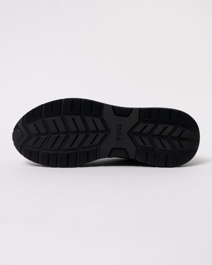 Studio photograph showing sole of BOSS Orange Vinston_Runn_nymnlt Mens Trainers in Dark Blue 405
