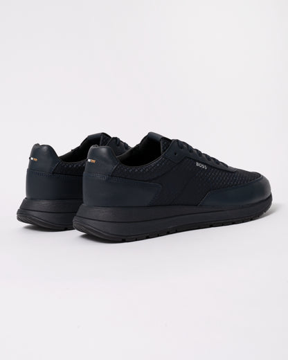 Studio photograph showing back of BOSS Orange Vinston_Runn_nymnlt Mens Trainers in Dark Blue 405