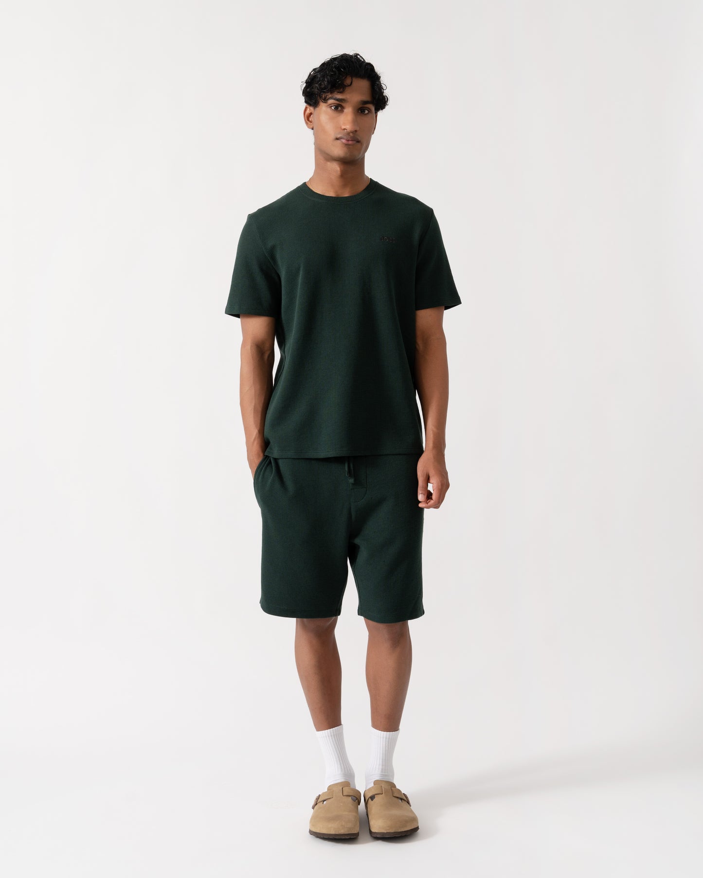 Outfit shot of BOSS Orange Waffle Mens Cotton-Blend Pyjama T-Shirt with Embroidered Logo - Dark Green 308