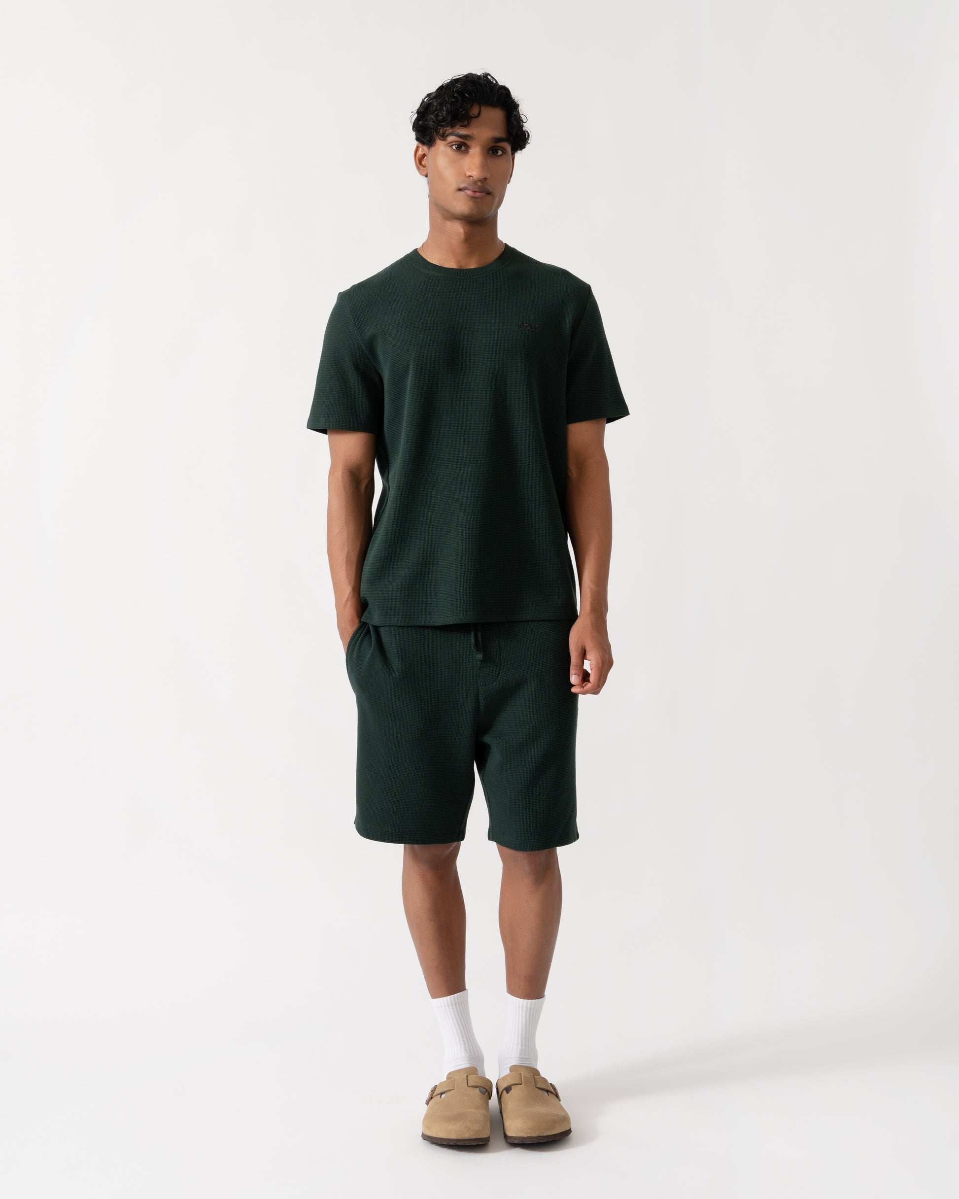 Outfit shot of BOSS Orange Waffle Mens Cotton-Blend Pyjama T-Shirt with Embroidered Logo - Dark Green 308