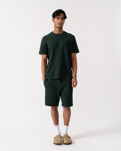 Outfit shot of BOSS Orange Waffle Mens Cotton-Blend Pyjama T-Shirt with Embroidered Logo - Dark Green 308