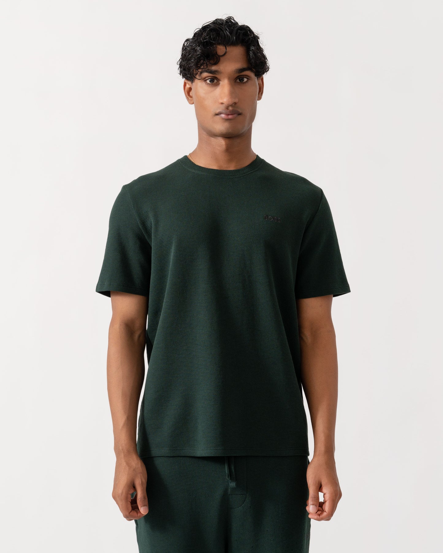 Man wearing BOSS Orange Waffle Mens Cotton-Blend Pyjama T-Shirt with Embroidered Logo - Dark Green 308