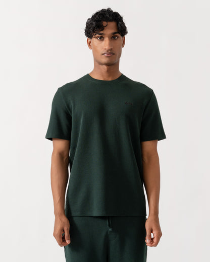 Man wearing BOSS Orange Waffle Mens Cotton-Blend Pyjama T-Shirt with Embroidered Logo - Dark Green 308
