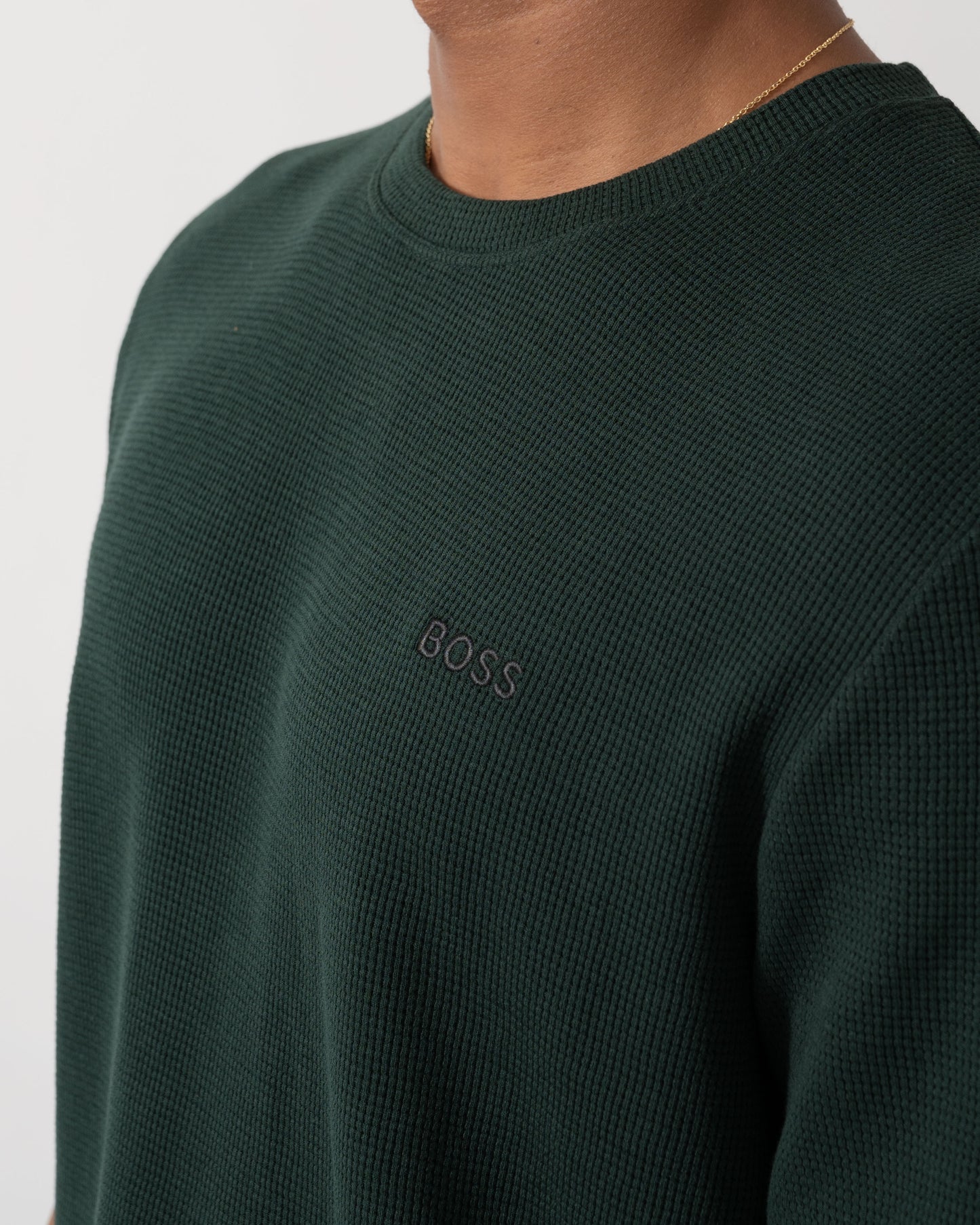 Close up of BOSS Orange Waffle Mens Cotton-Blend Pyjama T-Shirt with Embroidered Logo - Dark Green 308