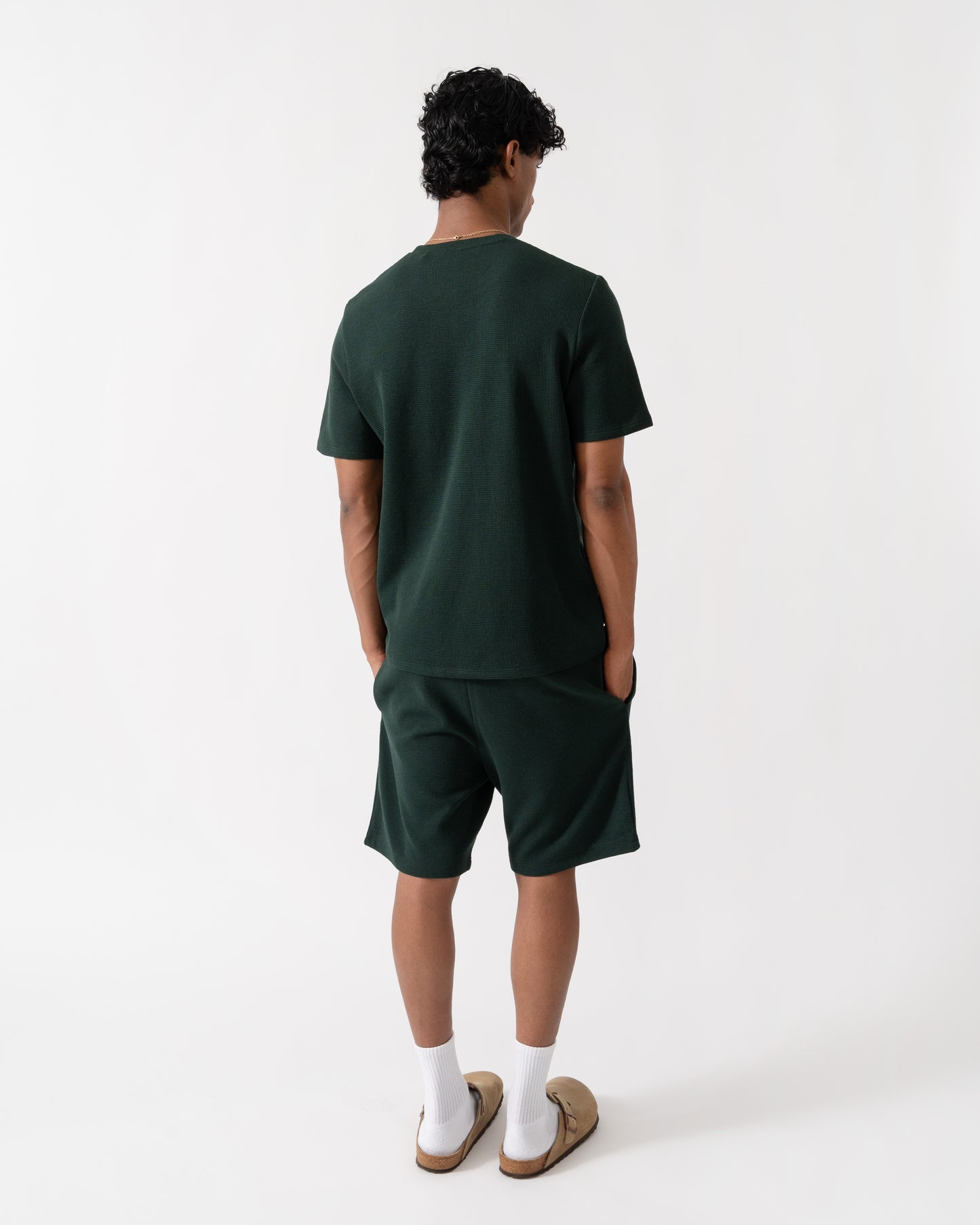 Back of BOSS Orange Waffle Mens Cotton-Blend Pyjama T-Shirt with Embroidered Logo - Dark Green 308