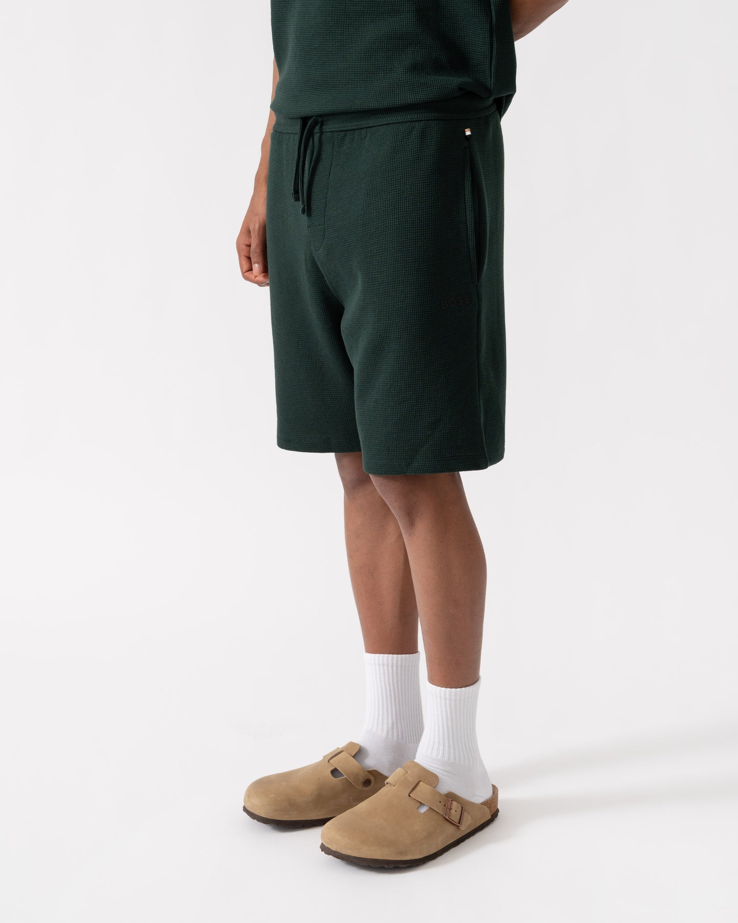 Side of BOSS Orange Waffle Mens Cotton Blend Waffle Structure Pyjama Shorts with Embroidered Logo - Dark Green 308