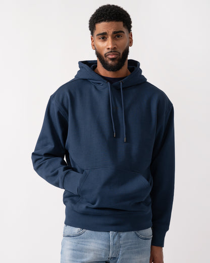 Model wearing a BOSS Orange WeSmallhood Mens Hoodie in Open Blue