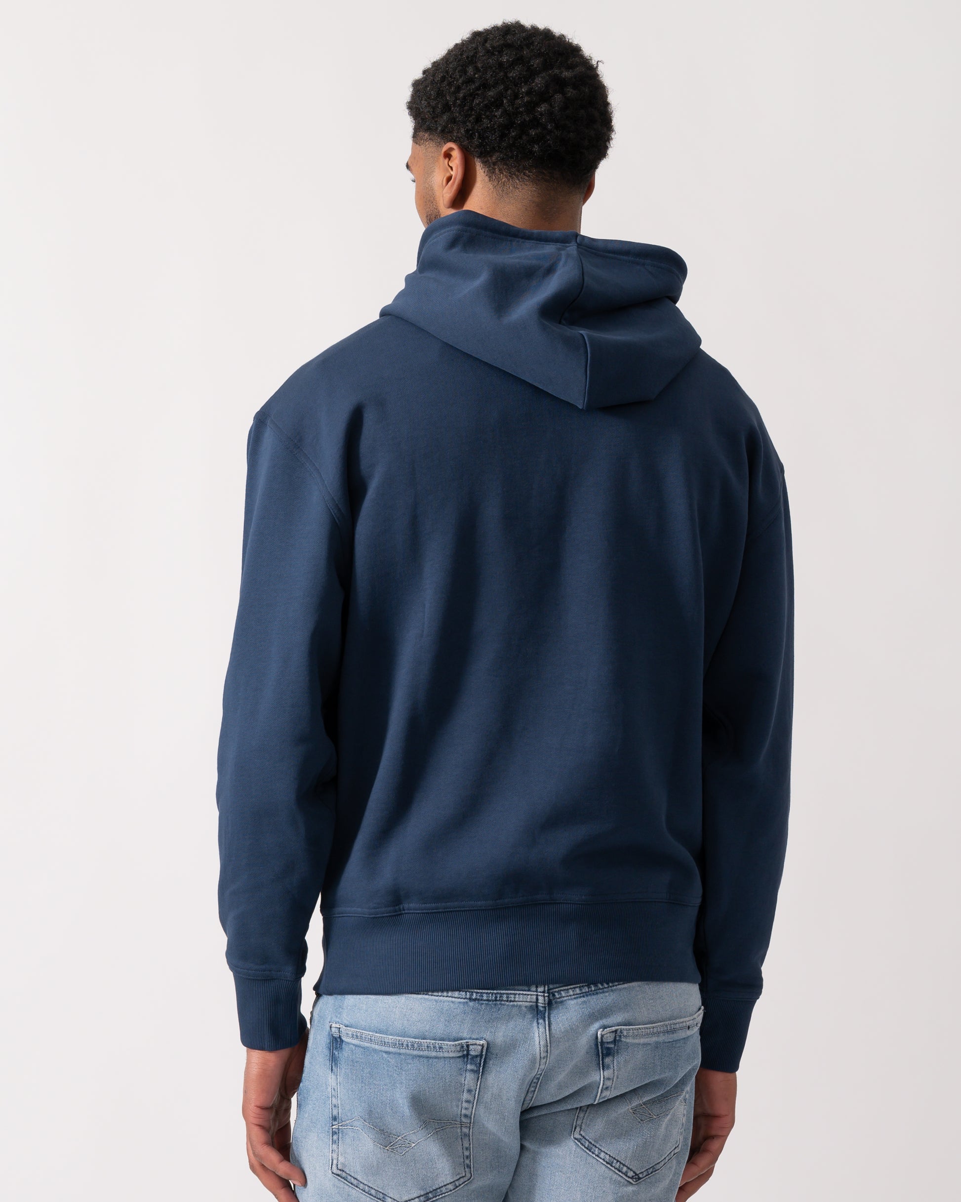 back shot of a Model wearing a BOSS Orange WeSmallhood Mens Hoodie in Open Blue