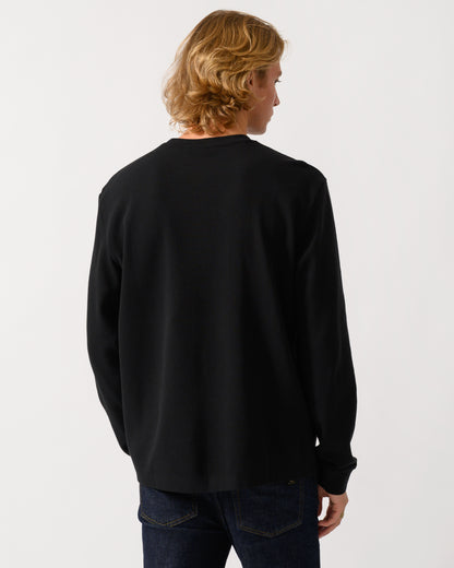 studio photograph of the back of a model wearing a BOSS Orange We Tempest Mens Crew Neck Sweatshirt in Black 001