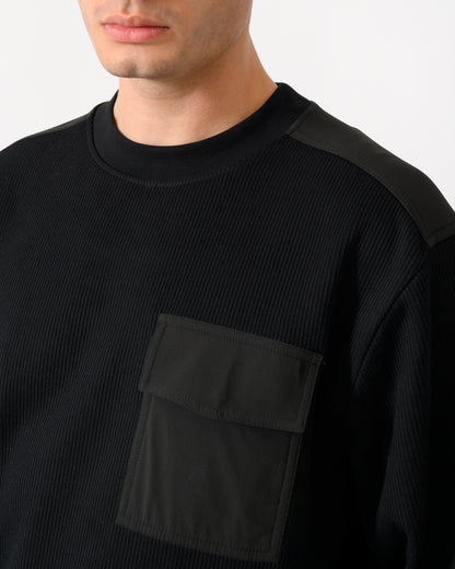 close up shot of a model wearing a BOSS Orange We Urban Mens Crew Neck Sweatshirt with Pocket in Black 001