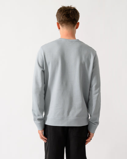 back shot of a model wearing a BOSS Orange Westart Mens Crew Neck Sweatshirt With Logo Patch in Open Grey 084