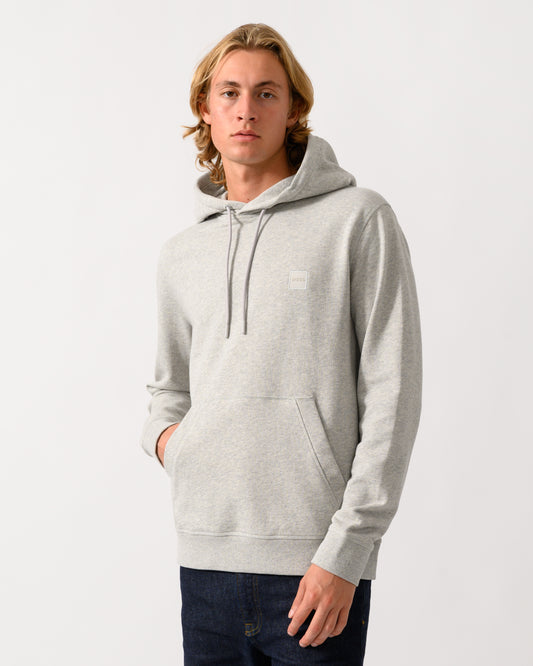 model wearing a BOSS Orange Wetalk Mens Pullover Hoodie With Logo Patch in Open Grey 086