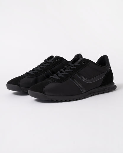 a pair of BOSS Orange Zayn Mens Logo Trainers with Faux Suede Trims in Black 005