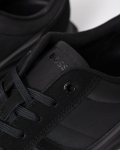 detail of BOSS Orange Zayn Mens Logo Trainers with Faux Suede Trims in Black 005