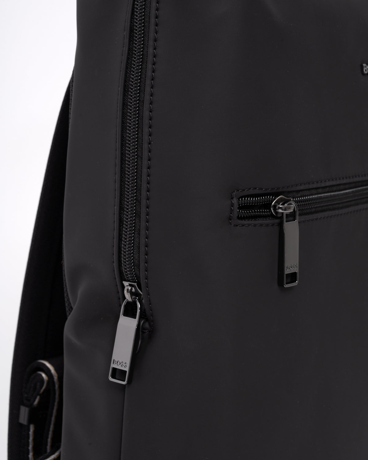 Side zip detail on the BOSS Orange Zeph Mens Backpack - Black 001