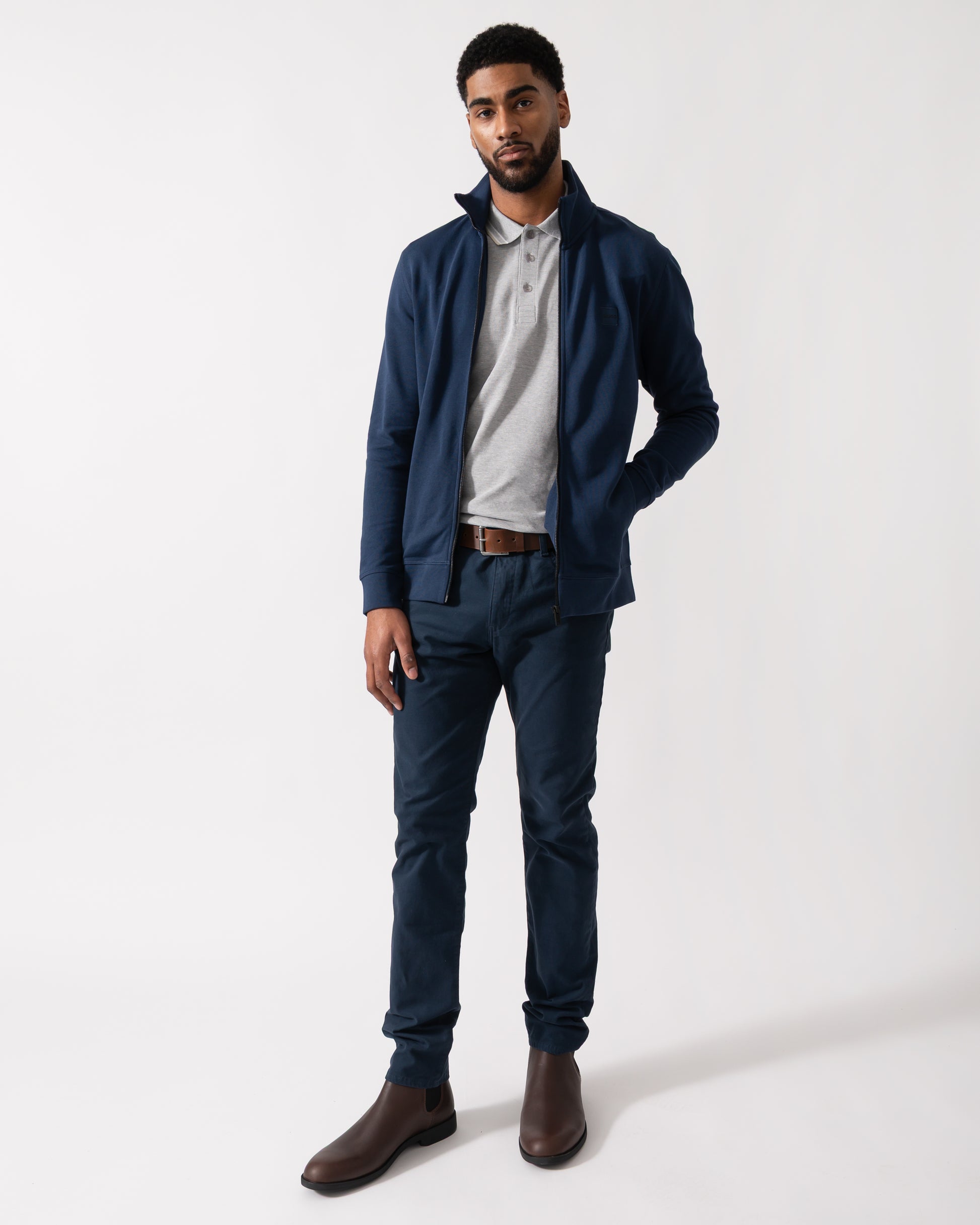 Full length shot of a Model wearing a BOSS Orange Zestart Mens Full Zip Sweatshirt  in Open Blue