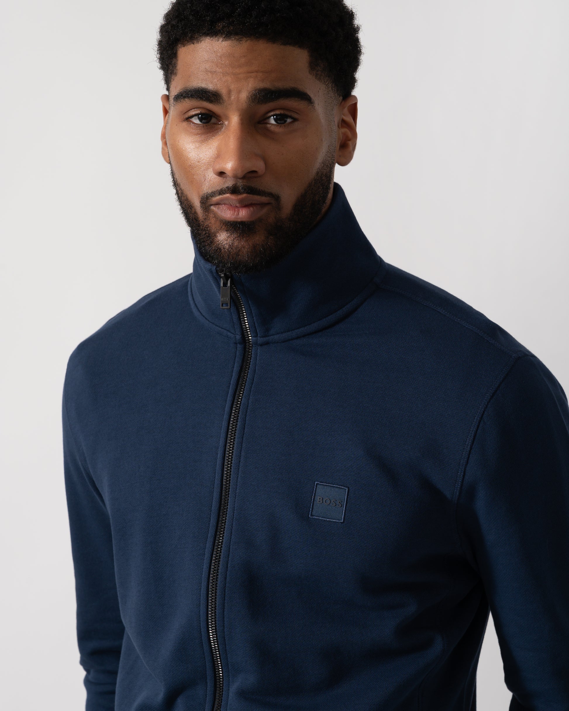 Detail shot of a Model wearing a BOSS Orange Zestart Mens Full Zip Sweatshirt  in Open Blue