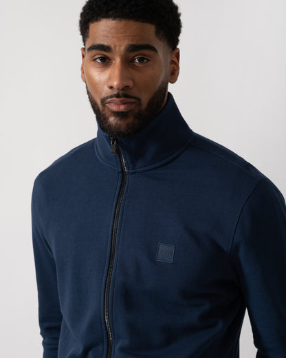 Detail shot of a Model wearing a BOSS Orange Zestart Mens Full Zip Sweatshirt  in Open Blue