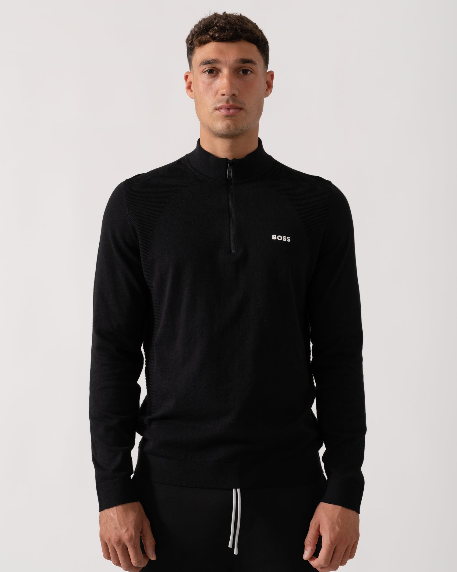 BOSS Green Momentum-Lite Mens 1/4 Zip Jumper - Black 001 - CHO - Designer Mens Sweatshirts