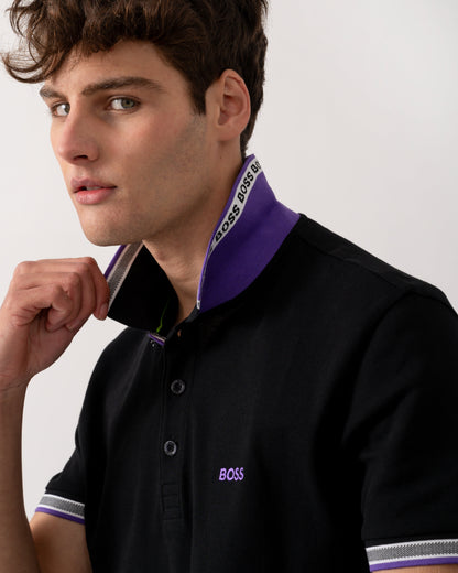 BOSS Green Paddy Mens Cotton-Piqué Polo Shirt with Contrast Logo - Black 008