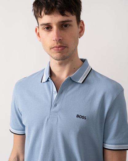 BOSS Green Paddy Mens Cotton-Piqué Polo Shirt with Contrast Logo - Open Blue 496