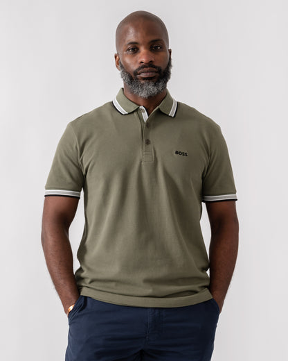 Model wearing BOSS Green Paddy Mens Cotton-Piqué Polo Shirt with Contrast Logo in Dark Beige 258 - Main
