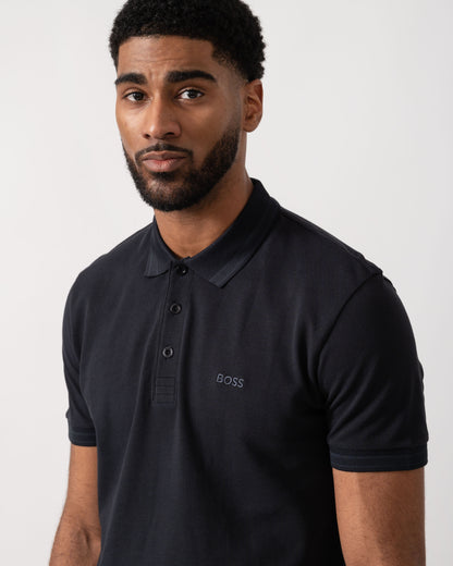 Model wearing BOSS Green Mens Paddy Cotton-Piqué Polo Shirt with Contrast Logo in Dark Blue 408 - Detail