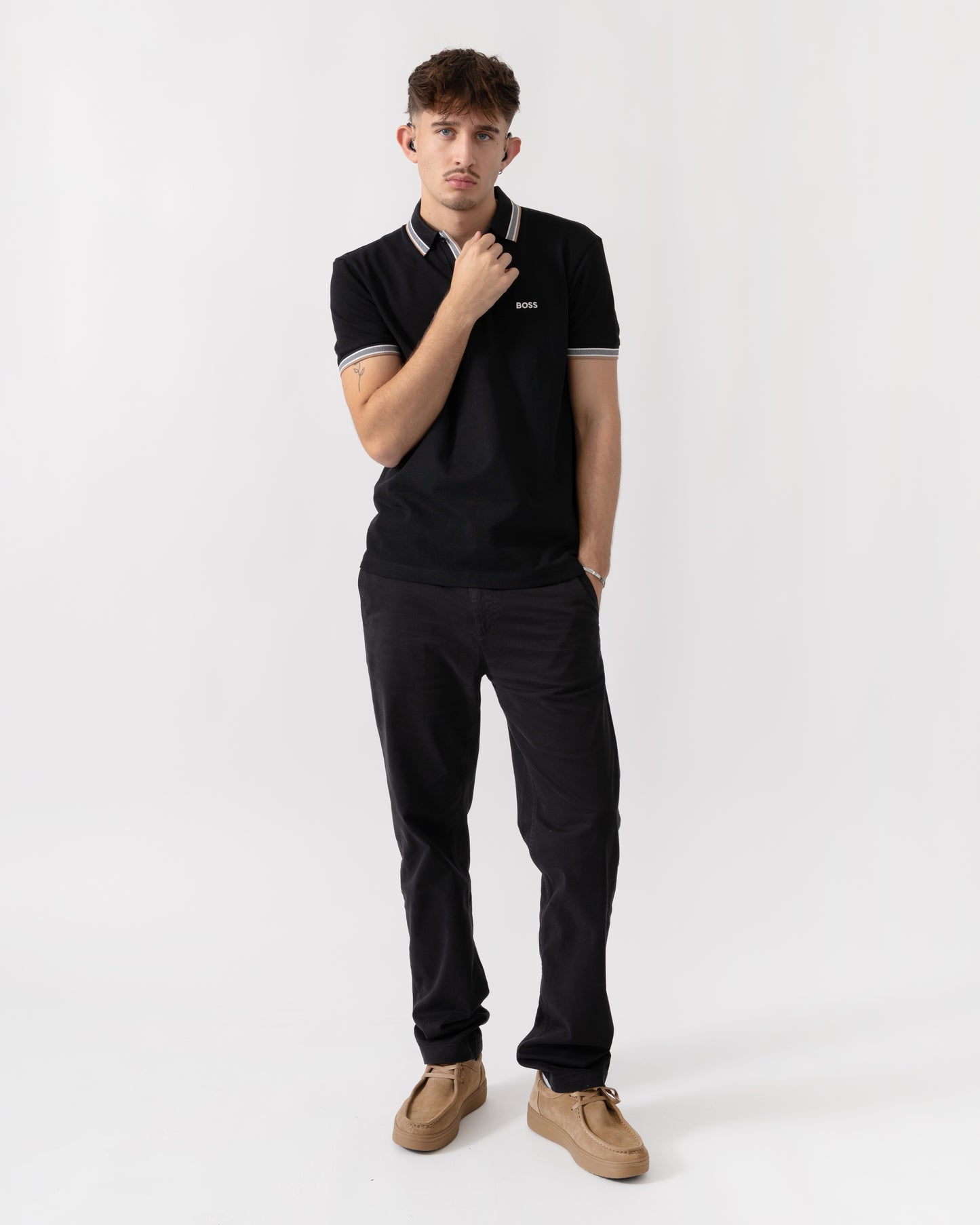 BOSS Green Paddy Mens Cotton-Piqué Polo Shirt with Contrast Logo - Grey 020