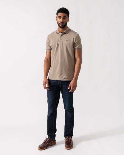 Model wearing BOSS Green Mens Paddy Cotton-Piqué Polo Shirt with Contrast Logo in Light/Pastel Green 339 - full length